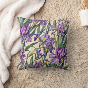 Showy Purple Iris on Ecru Scroll Throw Pillow