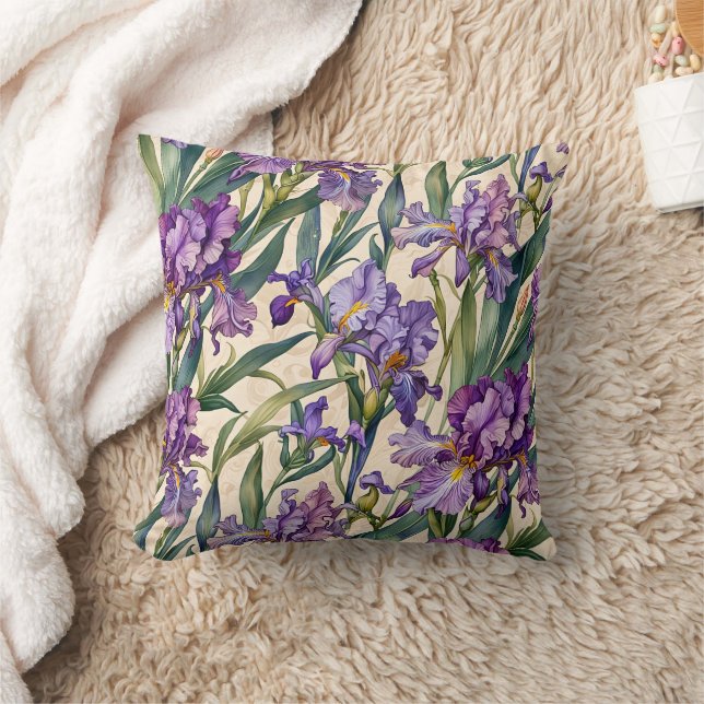Showy Purple Iris on Ecru Scroll Throw Pillow (Blanket)