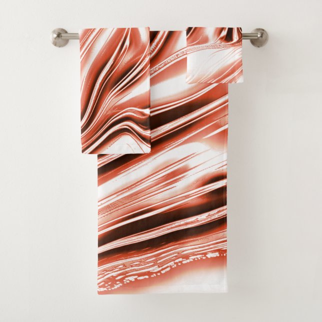 Showy salmon to red long wavy traces on white fund bath towel set (Insitu)