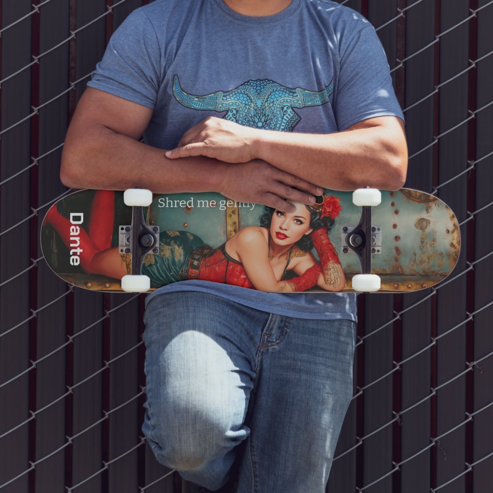 "Shred me gently" steampunk pinup girl painting Skateboard