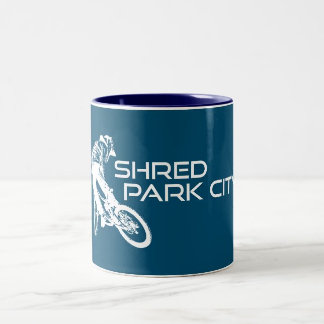 Shred Park City Utah Mountain Biking Two-Tone Coffee Mug (Center)