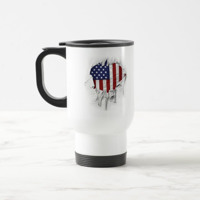 Shredded, Ripped and Torn American Flag Travel Mug (Left)