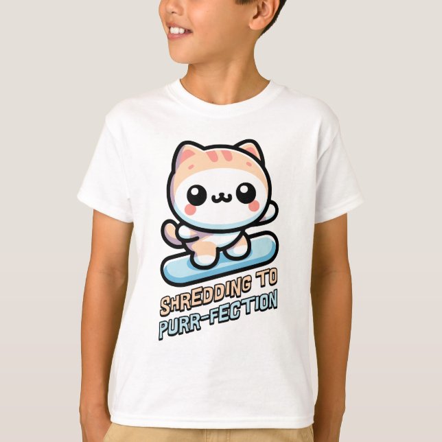Shredding To Purrfection! Cute Snowboarding Cat T-Shirt (Front)