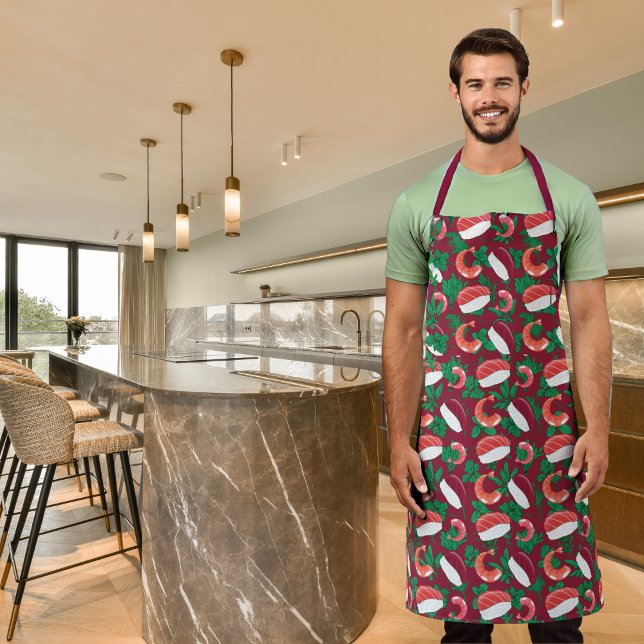 Shrimp and sushi burgundy red apron (Creator Uploaded)