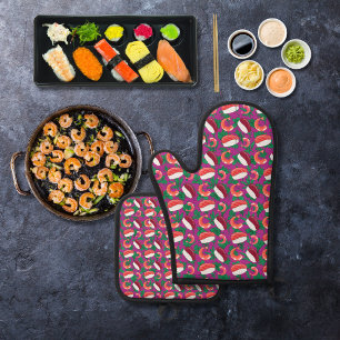 Shrimp and sushi magenta oven mitt & pot holder set