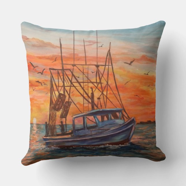 Shrimp Boat Fishing Throw Pillow (Back)