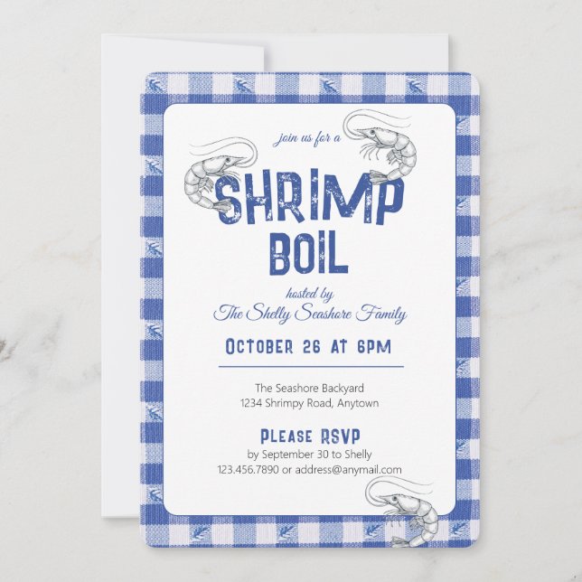 Shrimp Boil Casual Seafood Dinner Blue Gingham Invitation (Front)