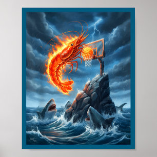 Shrimp Dunking On Shark Funny Fishing Meme Basketb Poster