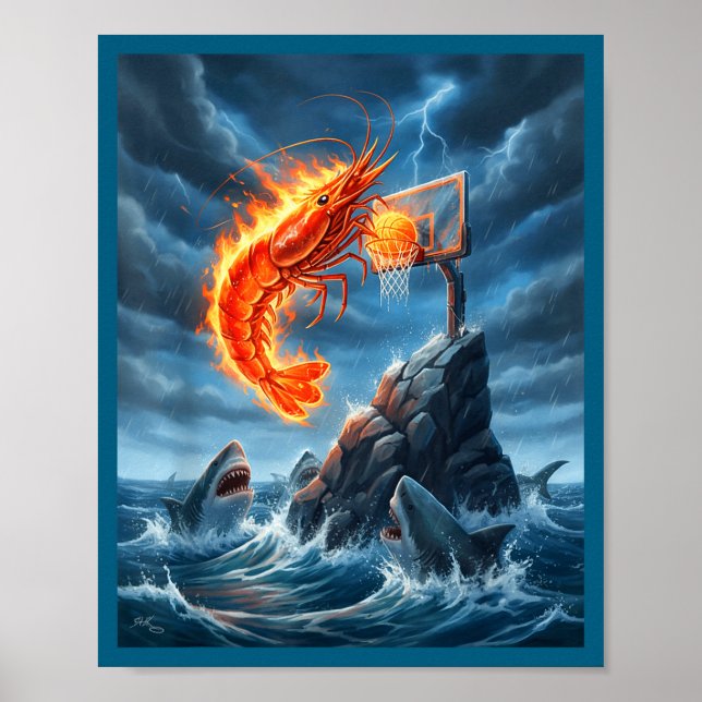 Shrimp Dunking On Shark Funny Fishing Meme Basketb Poster (Front)