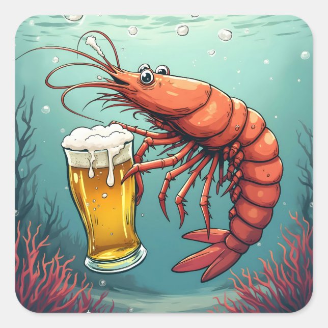 Shrimp Holding a Glass of Beer Square Sticker (Front)