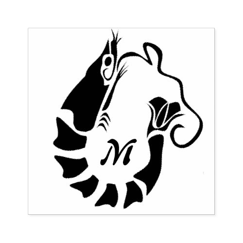 Shrimp Monogram in a Black Stencil Style Rubber Stamp