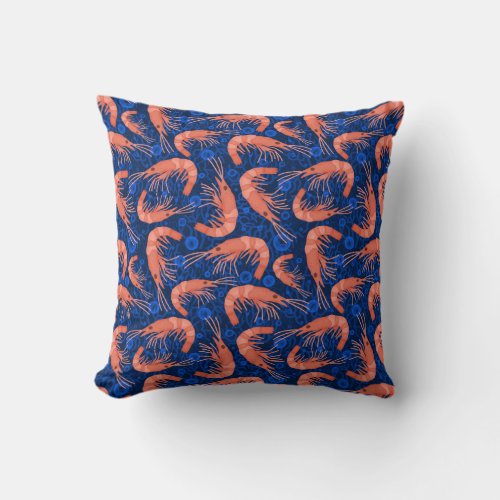 Shrimp Prawn Coral Ocean Bubbles Coastal Navy Blue Throw Pillow