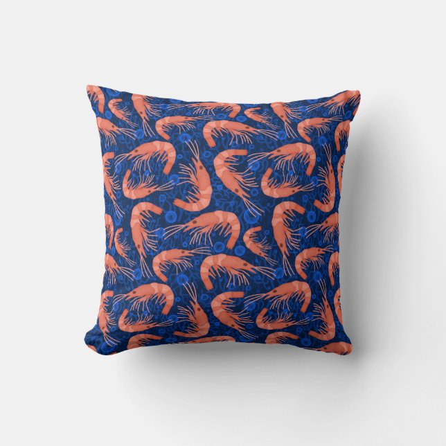 Shrimp Prawn Coral Ocean Bubbles Coastal Navy Blue Throw Pillow (Front)