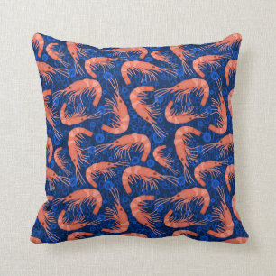 Shrimp Prawn Coral Ocean Bubbles Coastal Navy Blue Throw Pillow