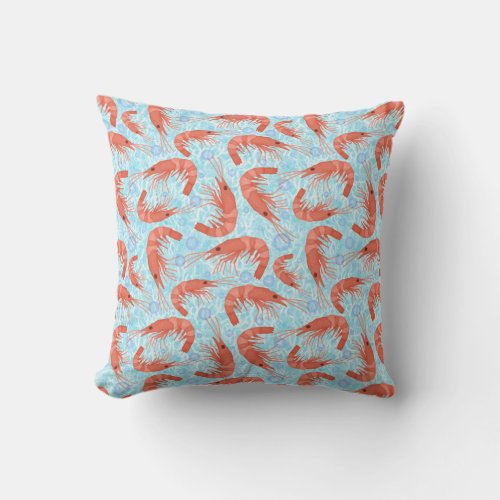 Shrimp Prawn Coral Ocean Bubbles Nautical Sea Blue Throw Pillow