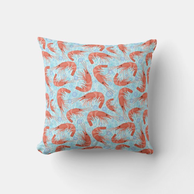 Shrimp Prawn Coral Ocean Bubbles Nautical Sea Blue Throw Pillow (Front)