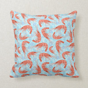 Shrimp Prawn Coral Ocean Bubbles Nautical Sea Blue Throw Pillow