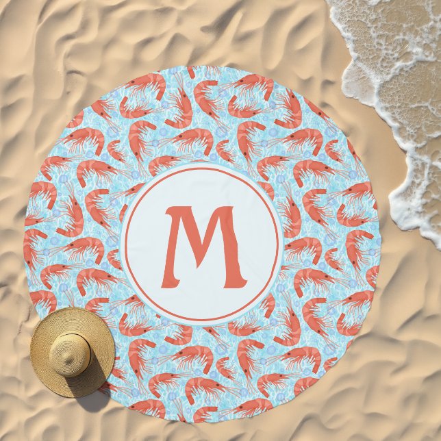 Shrimp Prawn Ocean Bubble Coastal Lt Blue Monogram Beach Towel (Beach)