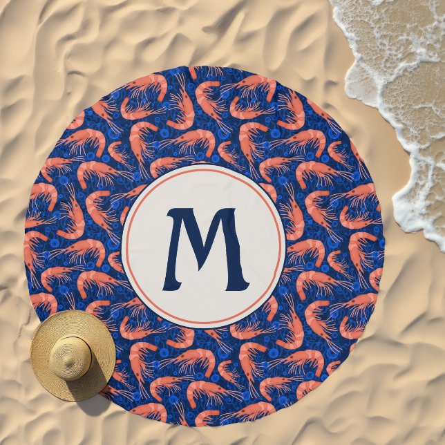Shrimp Prawn Ocean Bubbles Coastal Blue Monogram Beach Towel (Beach)