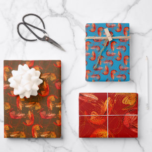 Shrimp Prawns Colorful Sea Life Pattern Wrapping Paper Sheets