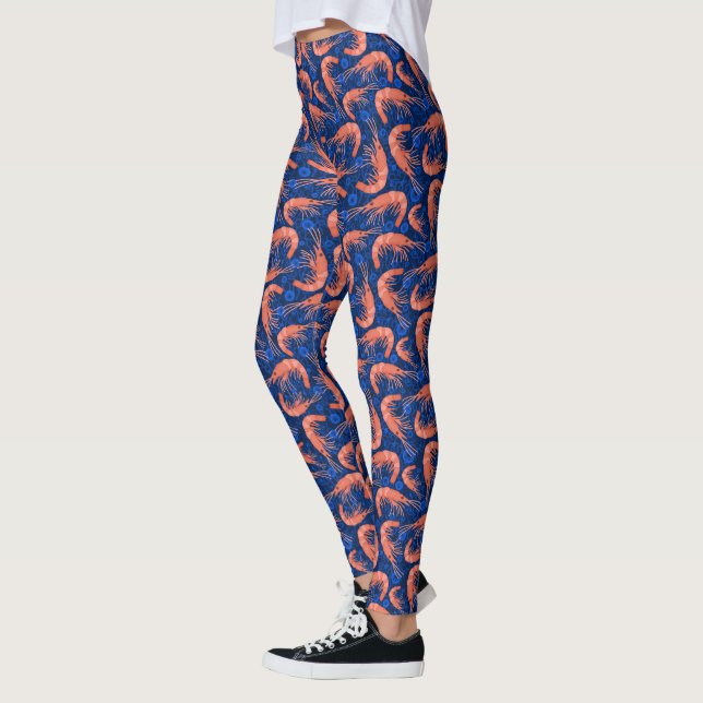 Shrimp Prawns Coral Sea Bubbles Nautical Navy Blue Leggings (Left)