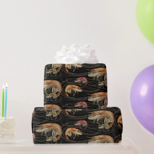 Shrimp Seafood Shellfish Pattern Black Wrapping Paper