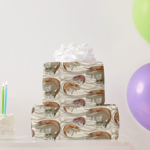 Shrimp Seafood Shellfish Pattern Ecru Wrapping Paper