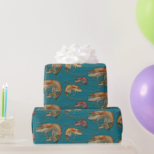 Shrimp Seafood Shellfish Pattern Teal Wrapping Paper (Party Gifts)