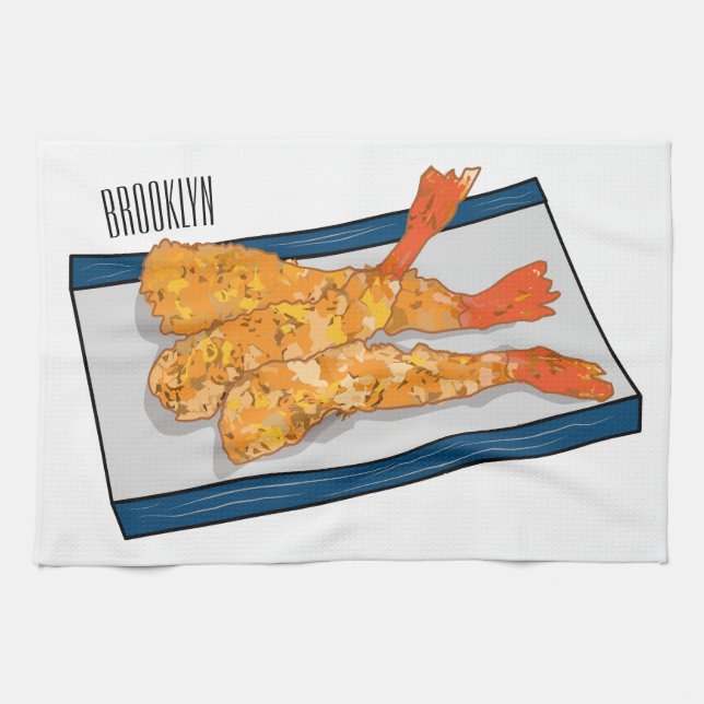 Shrimp tempura cartoon illustration kitchen towel (Horizontal)