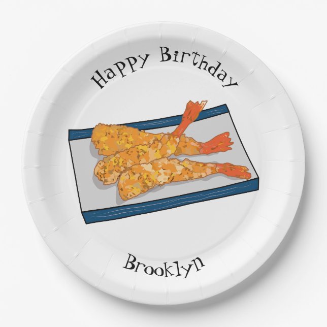 Shrimp tempura cartoon illustration paper plates (Front)