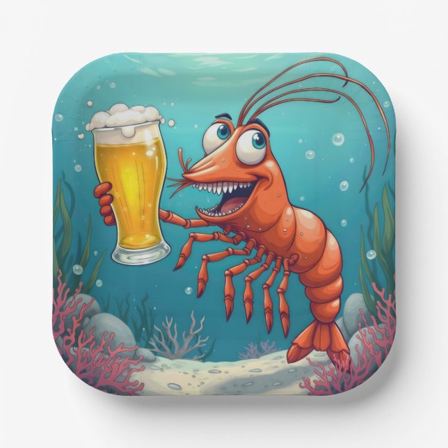 Shrimp With a Glass of Beer Underwater Paper Plates (Front)