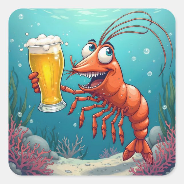 Shrimp With a Glass of Beer Underwater Square Sticker (Front)