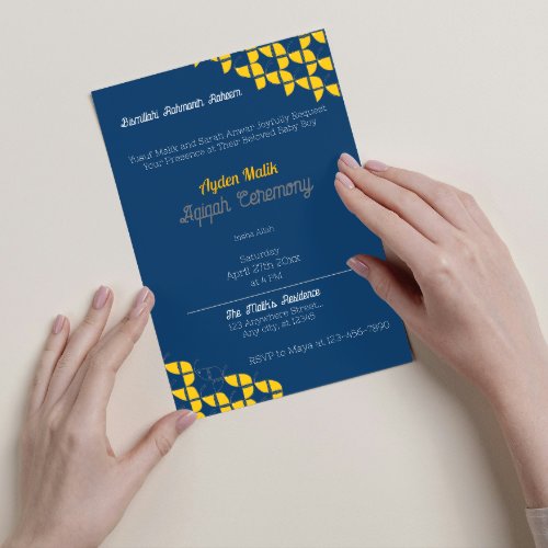 SHRIMPLY Blue Yellow Pattern Aqiqah Baby Shower Invitation