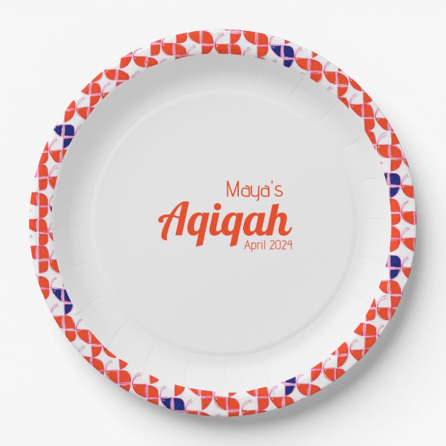 SHRIMPLY White Orange Pattern, Aqiqah Baby Shower Paper Plates (Front)