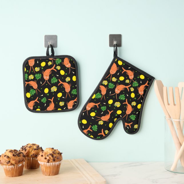 Shrimps pattern oven mitt & pot holder set (Insitu(Hanging))
