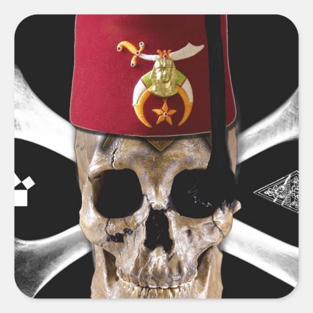 Shriner Masonic  Skull and Bones with Fez Square Sticker (Front)