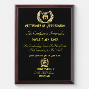 Shriners Certificate of appreciation   Award Plaqu Plaque