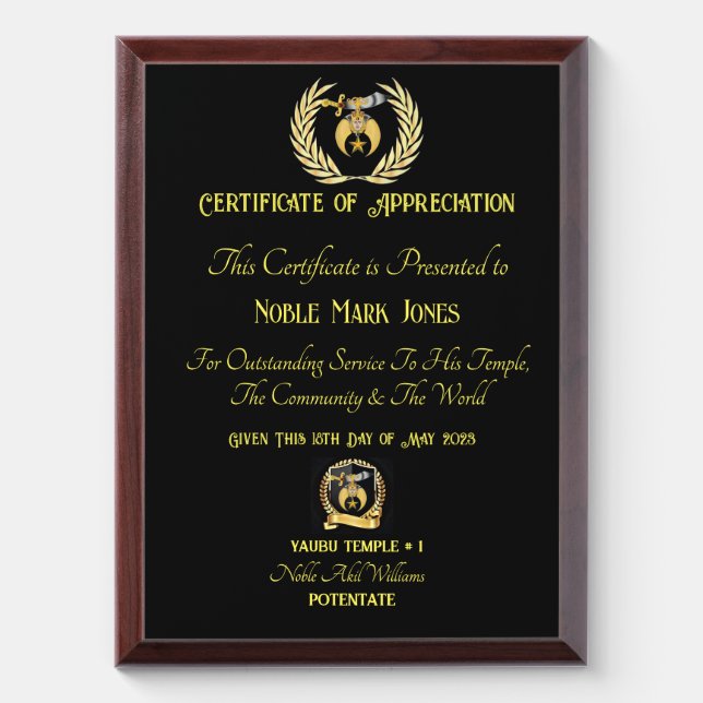 Shriners Certificate of appreciation   Award Plaqu Plaque (Vertical)