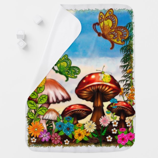 Shroomvilla Summer Whimsical Fantasy Art Swaddle Blanket (In Situ)