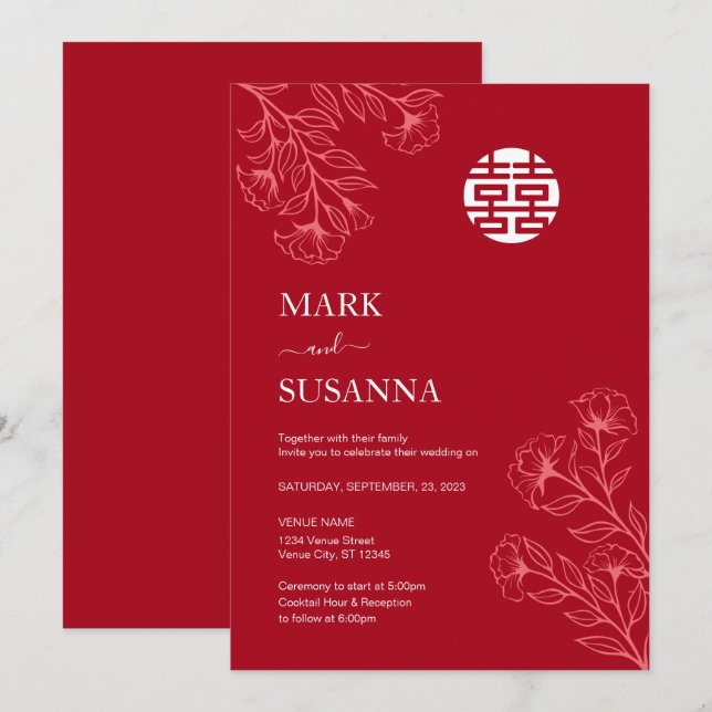 Shuang Xi Floral Traditional Chinese Wedding Invitation (Front/Back)