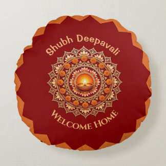 Shubh Deepavali Festival of Light Welcome Home Red Round Pillow