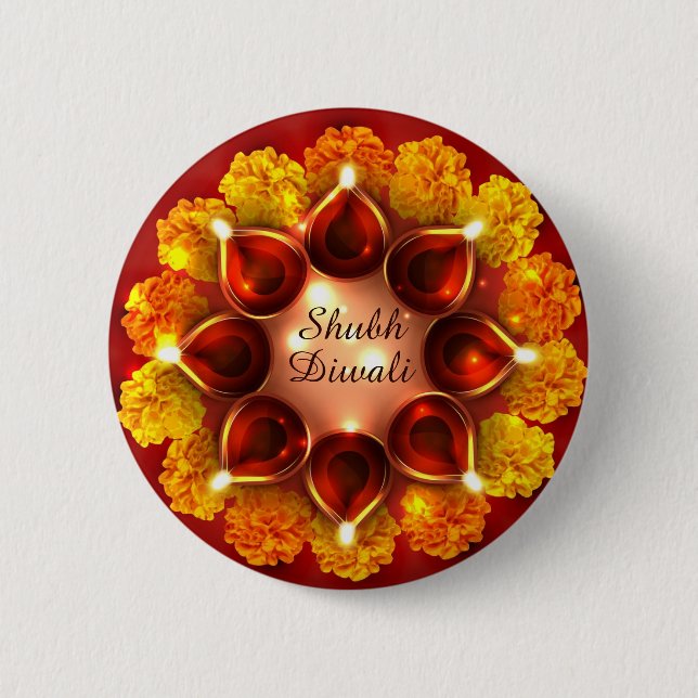Shubh Diwali Diyas and Marigolds Button (Front)