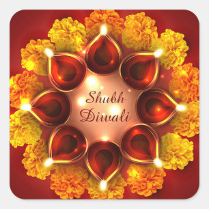 Shubh Diwali Merigold Gold Diya Festival of Light Square Sticker