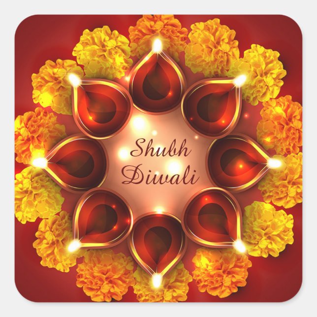 Shubh Diwali Merigold Gold Diya Festival of Light Square Sticker (Front)