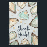 Shuck Yeah | Watercolor Pearl Oyster Kitchen Towel<br><div class="desc">This funny,  coastal chic kitchen towel features soft cream and aqua watercolor oyster and pearl illustrations,  with "Shuck Yeah!" in hand sketched script lettering. Perfect for beach houses,  coastal abodes,  or anyone who loves oysters and fresh shellfish.</div>