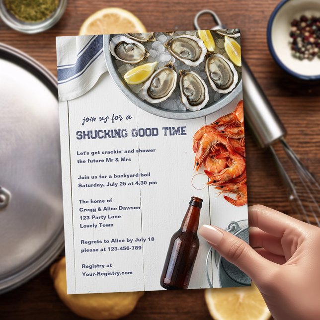 Shucking Good Time Seafood Boil Wedding Shower Invitation (Seafood Boil invite - from Couples Shower Invitation collection by Darling & May)