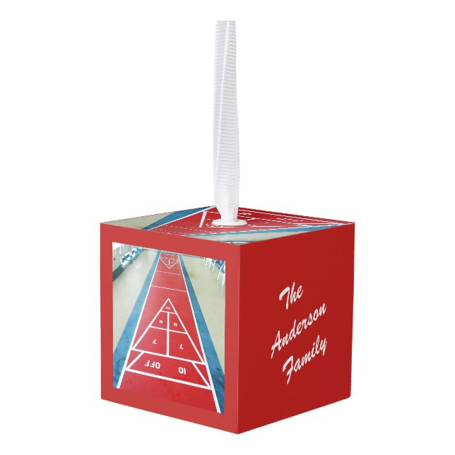 Shuffleboard on Board Personalized Dated Cube Ornament (Back Angled)