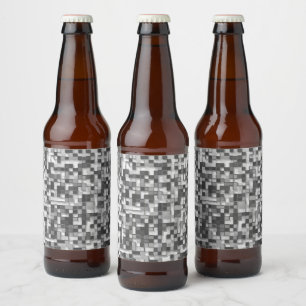 Shuffled small squares in tones of gray to clear beer bottle label