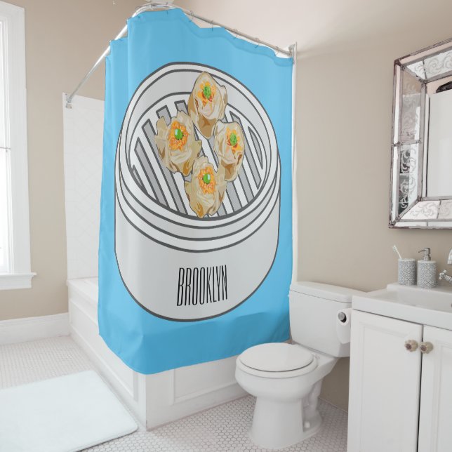 Shumai dim sum cartoon illustration shower curtain (In Situ)