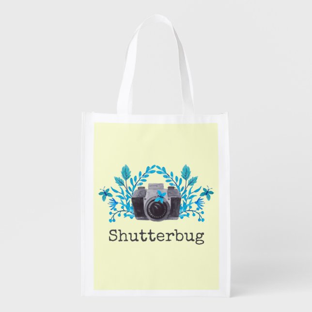 Shutterbug Camera With Blue Leaves And Butterflies Grocery Bag (Front)